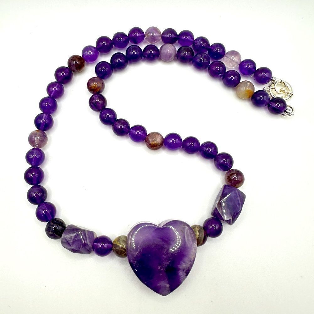 22" of ALL types of Amethyst beads, massive heart pendant necklace, 925 clasp!‎
